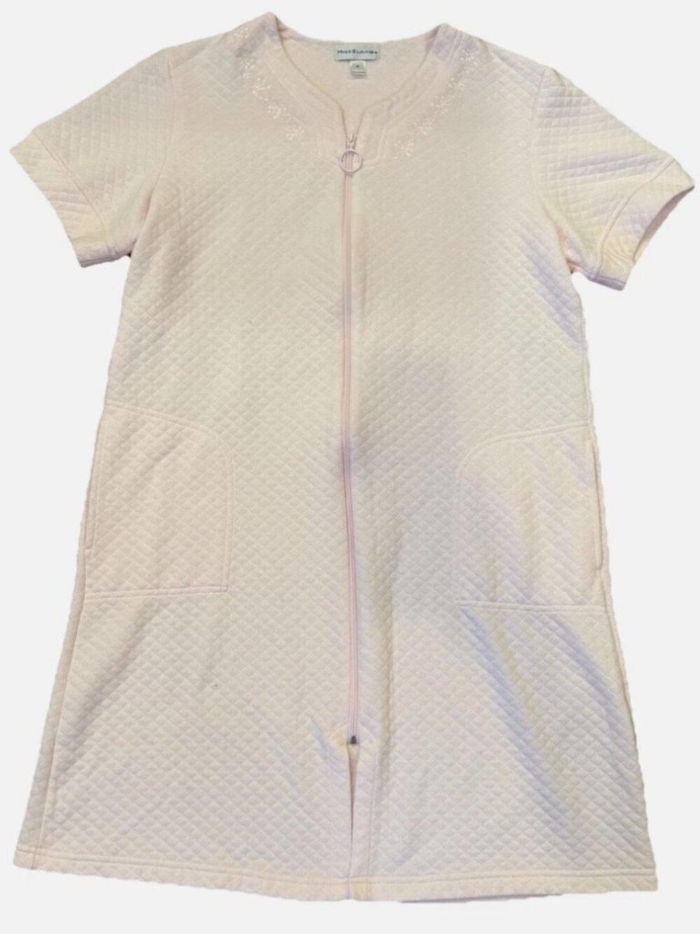 Miss Elaine Nightgown Long Robe Sz M Zip Front Pockets Pink Embroidered Quilted